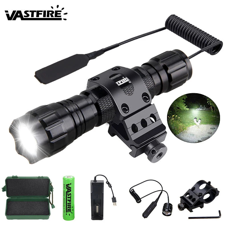 5000lm Led White Tactical Hunting Flashlight Weapon Gun Light +Rifle Scope Airsoft Mount+Switch+18650+USB Charger+Box