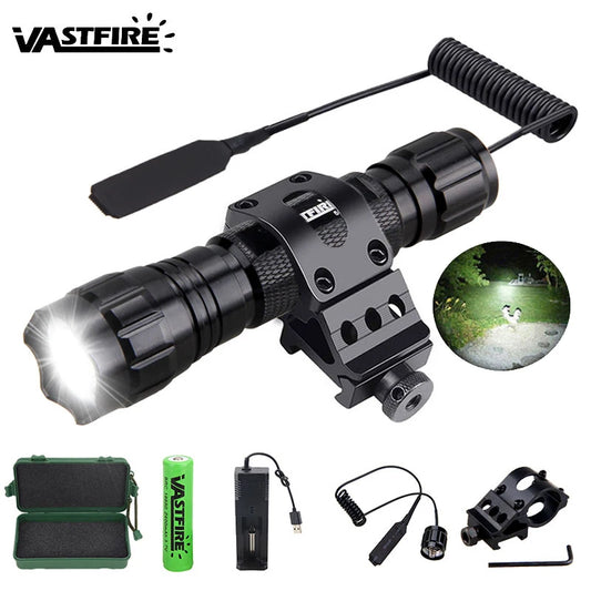 5000lm Led White Tactical Hunting Flashlight Weapon Gun Light +Rifle Scope Airsoft Mount+Switch+18650+USB Charger+Box