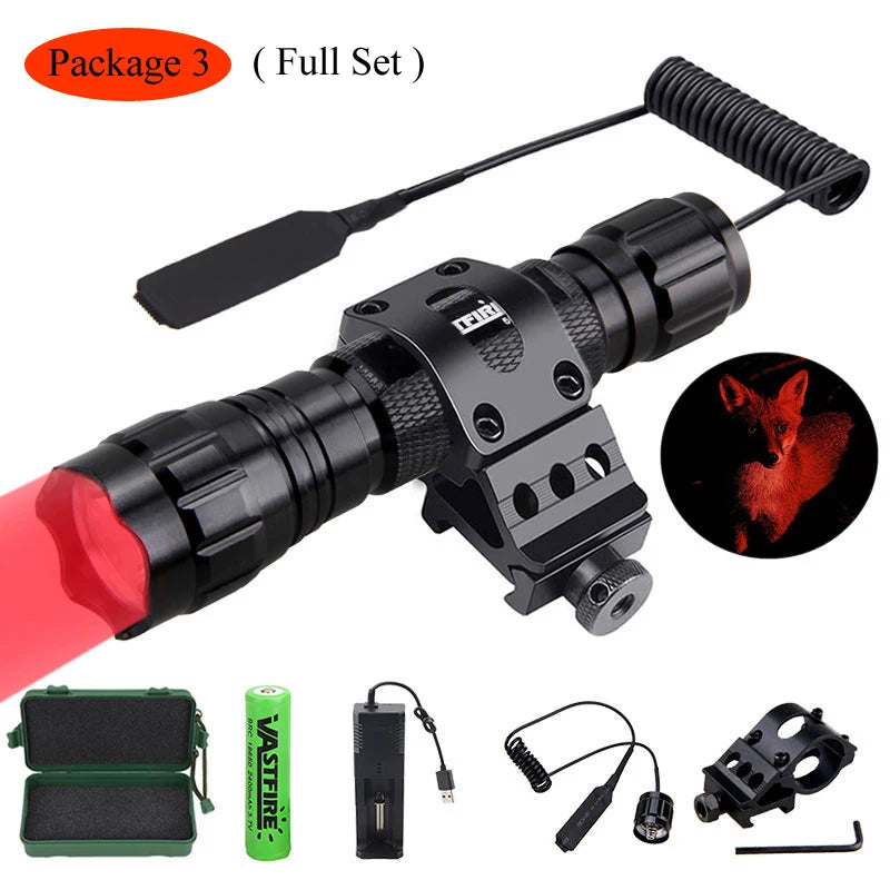 5000lm Led White Tactical Hunting Flashlight Weapon Gun Light +Rifle Scope Airsoft Mount+Switch+18650+USB Charger+Box