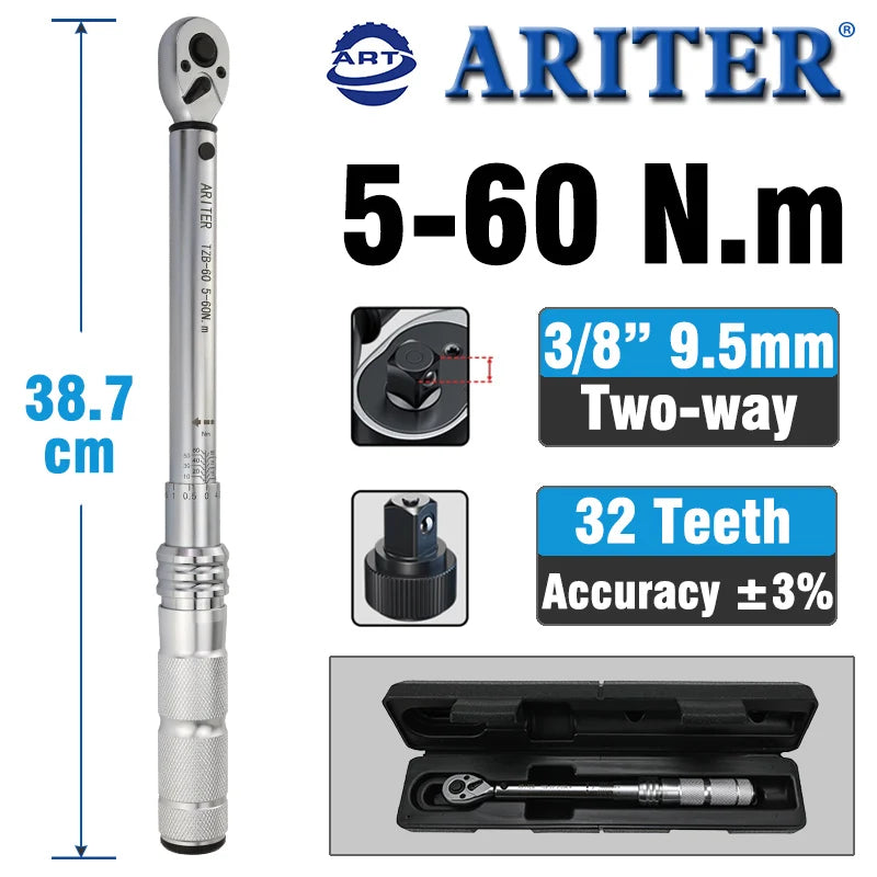 ARITER 1/4 3/8 1/2 Square Drive Torque Wrench 0.5-350N.m Accuracy 3% Car Bike Repair Hand Tools Spanner Two-way Ratchet Key