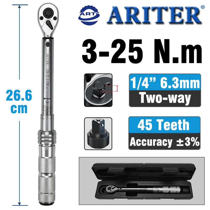 ARITER 1/4 3/8 1/2 Square Drive Torque Wrench 0.5-350N.m Accuracy 3% Car Bike Repair Hand Tools Spanner Two-way Ratchet Key