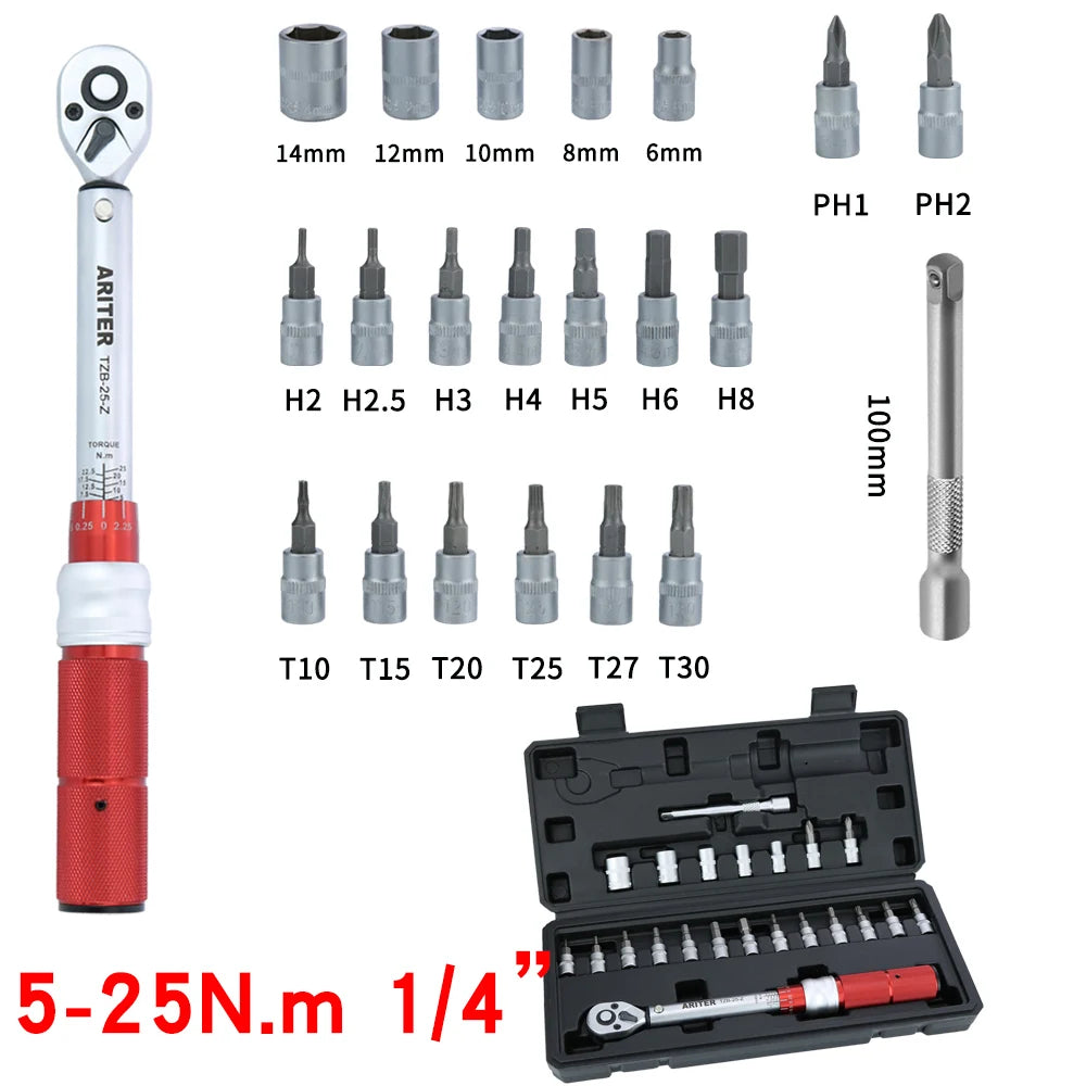 ARITER 1/4 3/8 1/2 Square Drive Torque Wrench 0.5-350N.m Accuracy 3% Car Bike Repair Hand Tools Spanner Two-way Ratchet Key