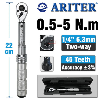 ARITER 1/4 3/8 1/2 Square Drive Torque Wrench 0.5-350N.m Accuracy 3% Car Bike Repair Hand Tools Spanner Two-way Ratchet Key