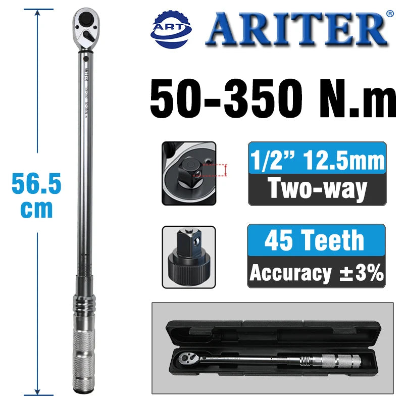 ARITER 1/4 3/8 1/2 Square Drive Torque Wrench 0.5-350N.m Accuracy 3% Car Bike Repair Hand Tools Spanner Two-way Ratchet Key