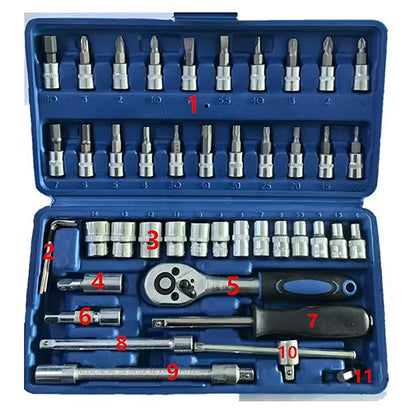 Ratchet Quick Wrench Socket Auto Repair Machine Repair Set Tool Box Kit Keys Game Ratchet Reversible Sockets 46 Pieces W/Case