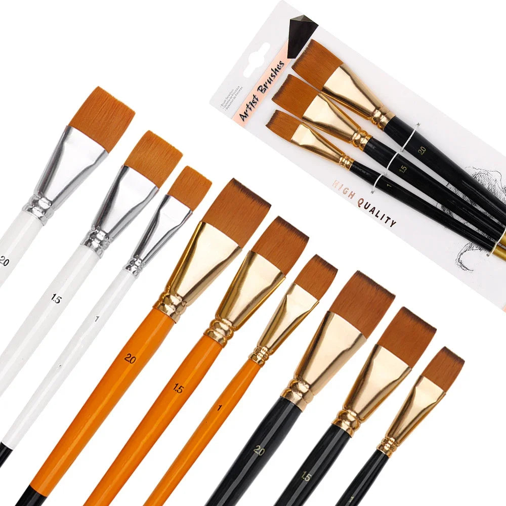 New Oil Painting Brush 3pcs Big Flat Head 3color Short Rod Set Nylon Hair Painting Watercolor Brush Student Acrylic Art Supplies