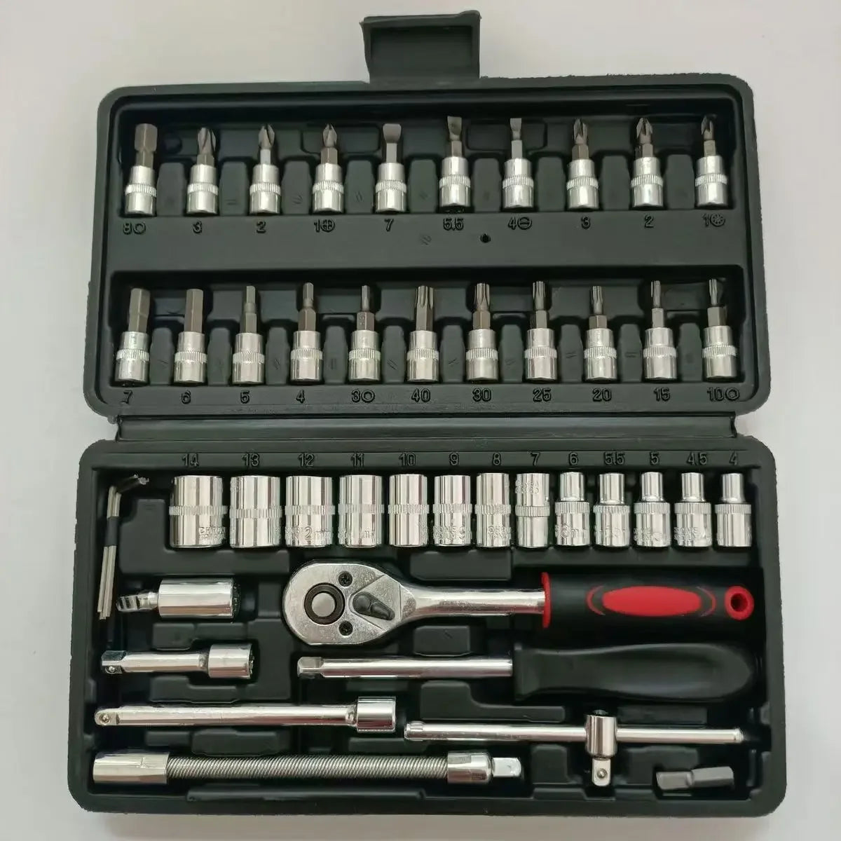 Ratchet Quick Wrench Socket Auto Repair Machine Repair Set Tool Box Kit Keys Game Ratchet Reversible Sockets 46 Pieces W/Case